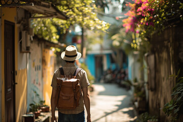 Un homme avec un sac à dos en vacances dans une petite rue colorée d'une ville étrangère. Touriste en voyage, marche, découverte, visite, backpacker. Pour conception et création graphique.