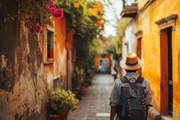 Un homme avec un sac à dos en vacances dans une petite rue colorée d'une ville étrangère. Touriste en voyage, marche, découverte, visite, backpacker. Pour conception et création graphique. - obrazy, fototapety, plakaty