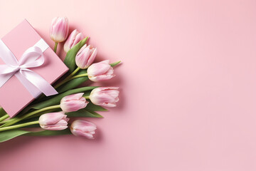 Fototapeta na wymiar Mother's Day concept. Top view photo of stylish pink giftbox with ribbon bow and bouquet of tulips on isolated pastel pink background with copyspace