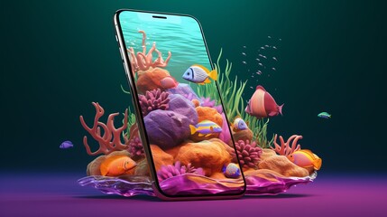 Immerse Yourself in the Vibrant Depths: Explore a Virtual Aquarium Tour on Your Smartphone - obrazy, fototapety, plakaty