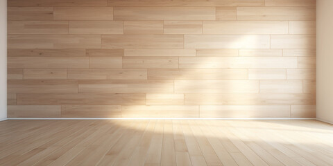 Explore this Scandinavian-inspired mock-up featuring, empty room with white wall, wooden floor, wooden flooring in 3D illustration. Ideal for interior design showcases. Generative AI.