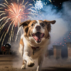 Panic-stricken, frightened dog running loose, experiencing fireworks display