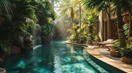 A luxurious spa retreat in a tropical setting with waterfalls and palm trees