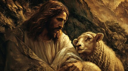Jesus, lion, lamb, strength, gentleness, harmony, nature, religious, spiritual, symbolic,...