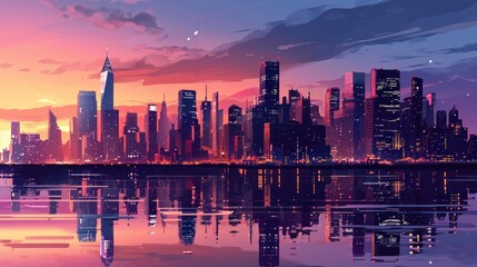 A panoramic city skyline at twilight with skyscrapers and reflections