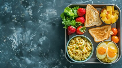A balanced meal with pasta, eggs, and fruits on a dark surface