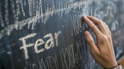 Hand erasing the word "Fear" from a blackboard