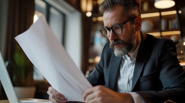 Focused Businessman Reviewing Documents With Eyeglasses