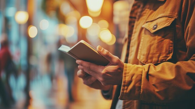 Close-up of a person's hands holding a notebook on a city street - Powered by Adobe