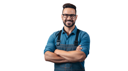 Portrait of a smiling engineer, crossed arms posing isolated on white background