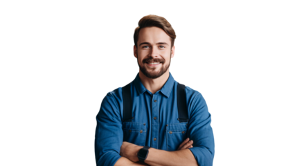 Portrait of a handsome mechanic man, crossed arms posing isolated on white background