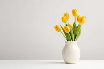 minimalistic flower composition. yellow tulip in a vase on a white background, space for a text - Powered by Adobe