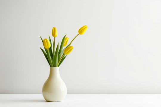 minimalistic flower composition. yellow tulip in a vase on a white background, space for a text