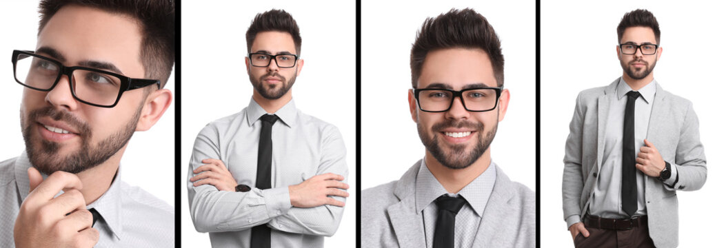 Man in glasses on white background, collection of photos