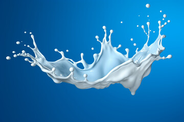 Milk glass with falling drops and splash on blue background
