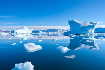 Panorama of melting Arctic icebergs in Antarctica. Generative AI