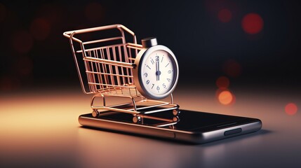 Seamless Shopping: 24/7 Online Retail at Your Fingertips - Smartphone with Shopping Cart and Clock Illustrating Round-the-Clock Convenience - Powered by Adobe