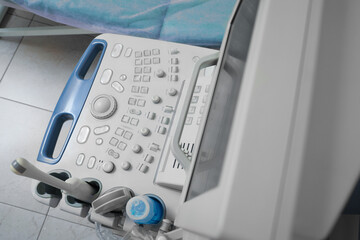 Ultrasound control panel in hospital, above view. Medical equipment