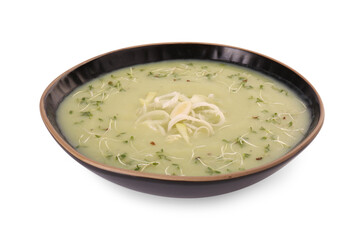 Bowl of delicious leek soup isolated on white