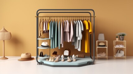 Virtual Fashion Haven: Explore & Shop the Latest Trends on Your Mobile Device - 3D Illustration of an Ecommerce Fashion Storefront with Iconic Clothing Items, Checkout Basket, and Promotional Space