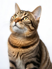 a standing tabby   cat on a white background looking up to the sky