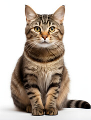 a standing tabby   cat on a white background looking at the camera
