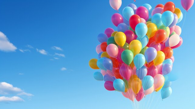 Joyful Celebration: Vibrant Balloons Dance in a Clear Blue Sky - Captivating Stock Image
