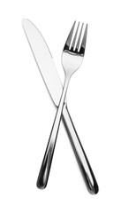 Shiny silver fork and knife isolated on white. Luxury cutlery