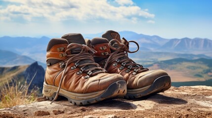 Adventure Awaits: Journey into the Majestic Wilderness with These Trusty Hiking Boots and a Breathtaking Mountain Vista