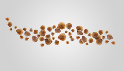 Buckwheat flying on grey background. Grains in air, banner design
