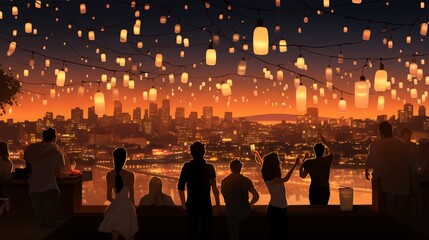 Enchanting Rooftop Revelry: Silhouettes Dance Amidst City Lights and Floating Paper Lanterns