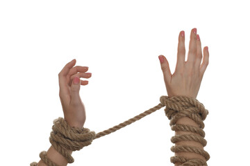 Freedom concept. Woman with tied arms on white background, closeup
