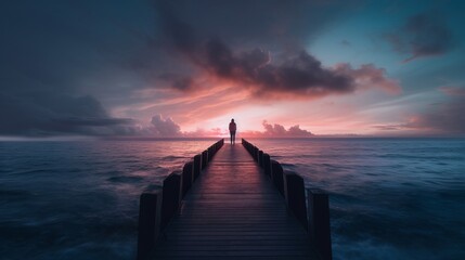 Solitude's Embrace: Captivating Sunset Silhouette on Jetty, Gazing into Vast Ocean Horizon - obrazy, fototapety, plakaty
