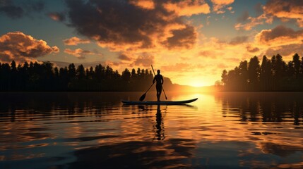 Sunrise Serenity: Captivating Silhouette of a Paddleboarder Embracing Tranquility on a Reflective Lake