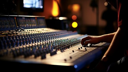 Harmonious Melodies: Captivating Sound Engineer Balancing Audio Levels in Vibrant Recording Studio with Talented Musicians