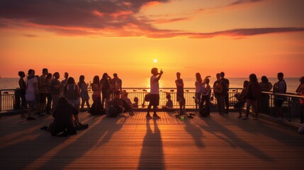 Obraz premium Spectacular Sunset Serenade: Mesmerizing Street Performer Captivates Crowds on Vibrant Boardwalk