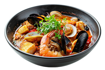 Bouillabaisse, black bowl, transparent background, isolated image, generative AI