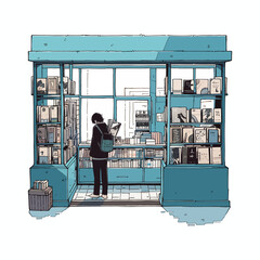 A bookseller arranging a window display in an old bookstore, vector illustration