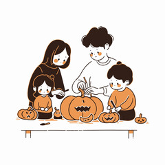 A family carving pumpkins together, with excited anticipation for Halloween night. Vector illustration