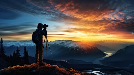Golden Dawn: Inspiring Photographer Silhouette Capturing Majestic Sunrise from Mountain Overlook