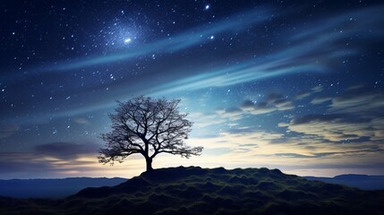Solitude's Symphony: Majestic Lone Tree Silhouette on Hilltop Under a Starry Night Sky - A Captivating Image of Contemplation and Serenity