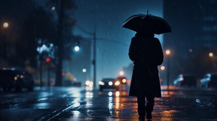 Dancing in the Rain: Embracing Life's Storms with Grace and Resilience - Captivating Stock Image of a Silhouette Holding an Umbrella in a Downpour, Raindrops Glistening under Streetlights