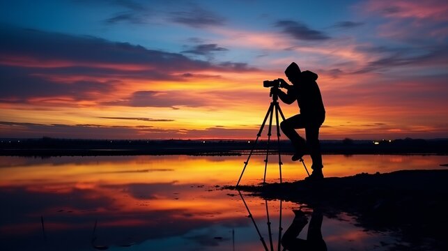 Golden Hour Glory: Silhouette Photographer Capturing Majestic Sunset with Tripod-mounted Camera, Embracing the Vibrant Colors of Dusk Sky