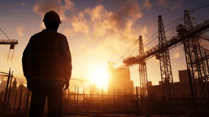 Building Dreams: Majestic Silhouette of a Construction Worker Amidst Towering Cranes