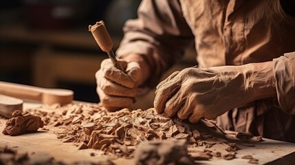 Masterful Artistry: Captivating Craftsman Carving a Wooden Sculpture with Precision and Passion