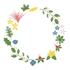 Naklejka premium 花と葉っぱのリースフレーム、円形フレーム、植物のデコレーションフレーム