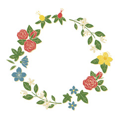 花と葉っぱのリースフレーム、円形フレーム、植物のデコレーションフレーム、影付き