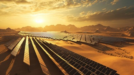 Solar power plant in a desert landscape showcasing renewable energy - obrazy, fototapety, plakaty