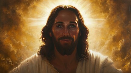 Spiritual portrait of Jesus radiating holiness, with a soft halo and compassionate eyes, in a setting of divine light.