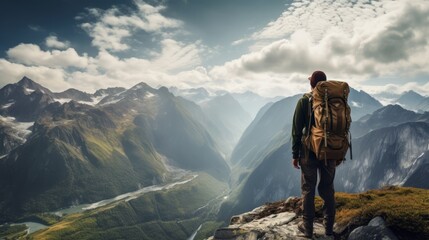 Unveiling Nature's Majesty: Inspiring Mountain Guide Gazing at Breathtaking Scenic Vista